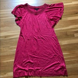 Flutter sleeve crochet neck pink dress